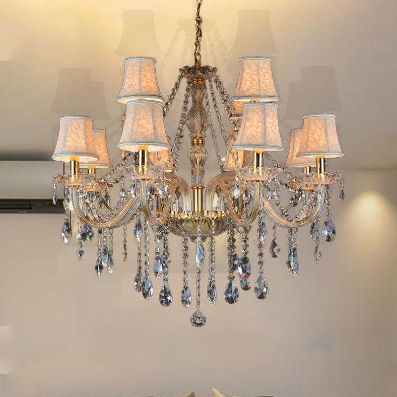 Rustic Clear Crystal Pendant Chandelier: 6/8/10 Heads Beige Hanging Ceiling Light With Fabric Shade