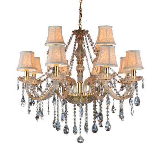 Rustic Clear Crystal Pendant Chandelier: 6/8/10 Heads Beige Hanging Ceiling Light With Fabric Shade