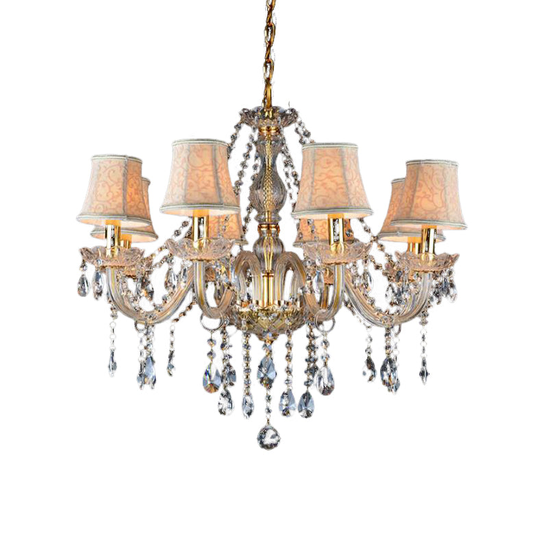 Rustic Clear Crystal Pendant Chandelier: 6/8/10 Heads Beige Hanging Ceiling Light With Fabric Shade