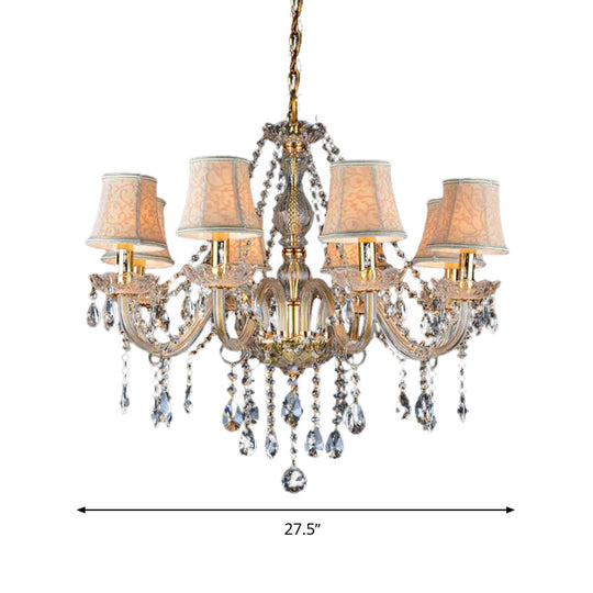 Rustic Clear Crystal Pendant Chandelier: 6/8/10 Heads Beige Hanging Ceiling Light With Fabric Shade