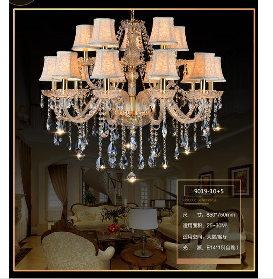 Rustic Clear Crystal Pendant Chandelier: 6/8/10 Heads Beige Hanging Ceiling Light With Fabric Shade