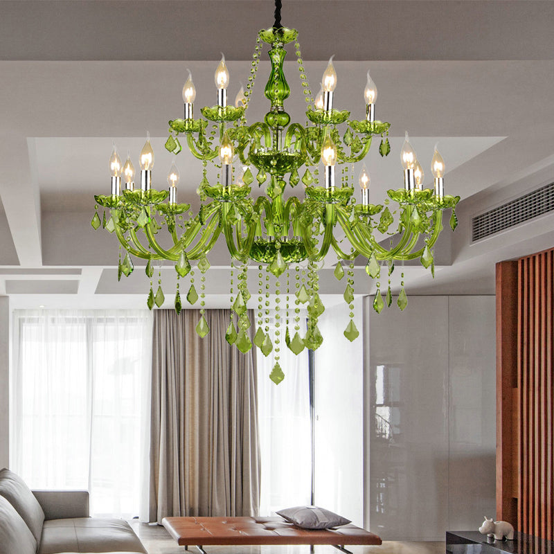 Lustre moderne en cristal à bougie - Éclairage suspendu vert pour chambre à coucher (6/18 lumières) - 23"/37,5" W