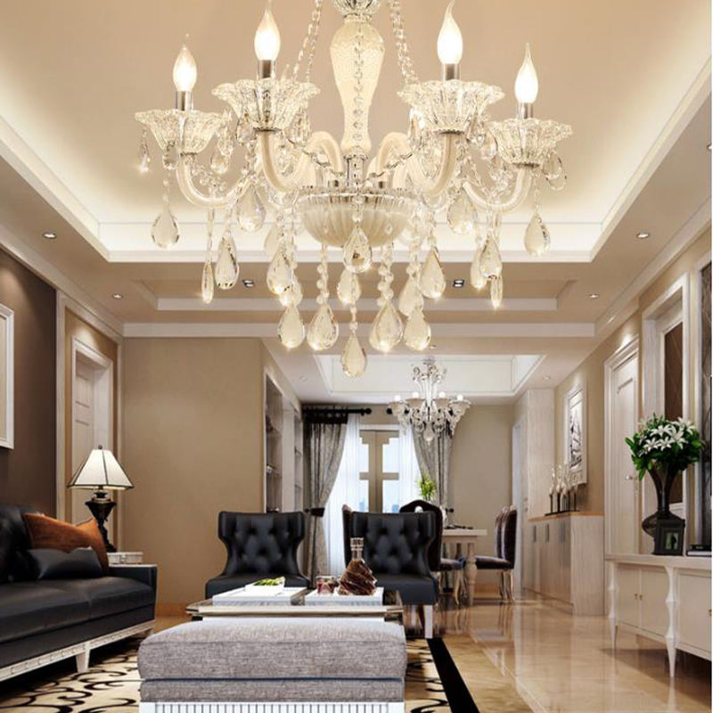 Modern Crystal Glass Candle Chandelier - 6 Bulb Pendant Ceiling Light For Living Room In White