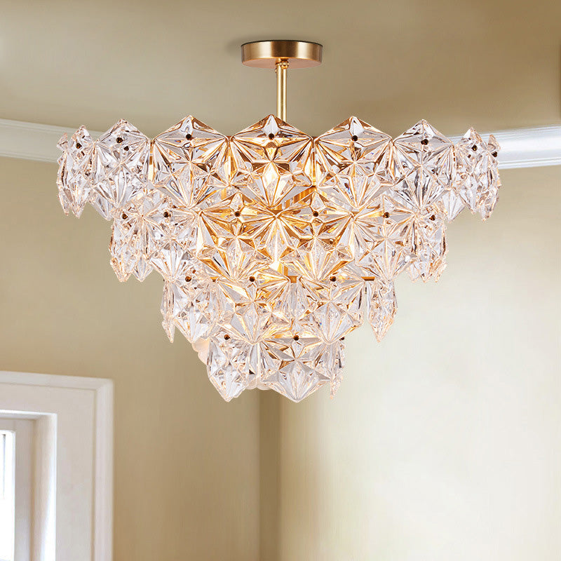 9 Head Traditional Gold Glass Chandelier with Tapered Hexagon Suspension Light