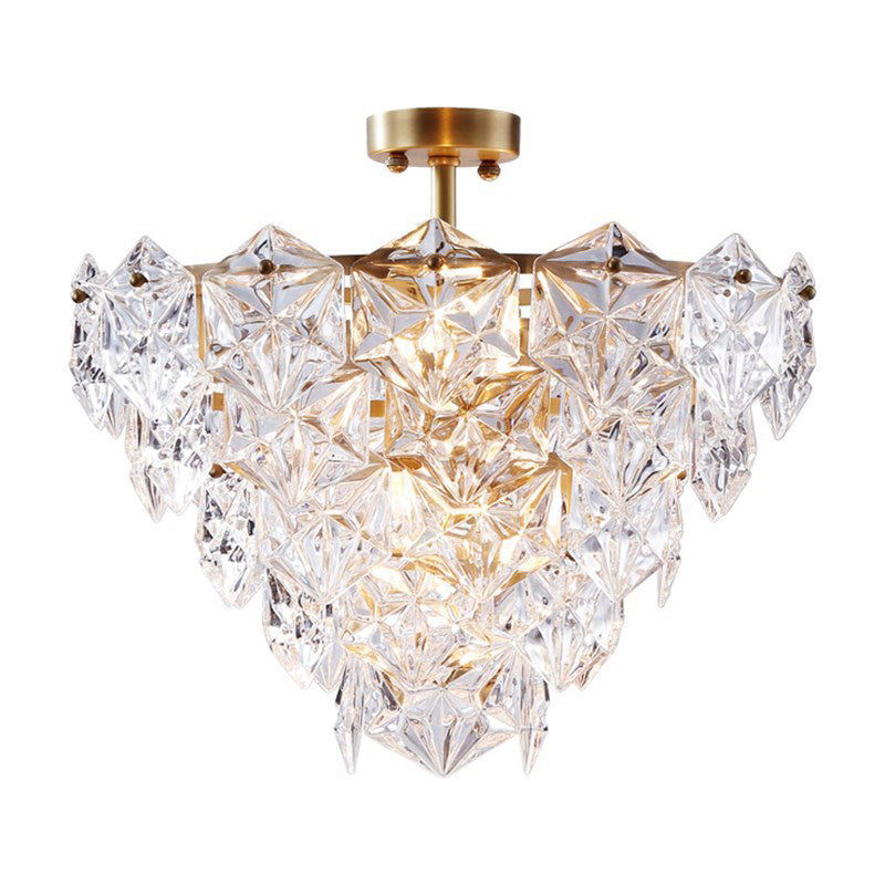 9 Head Traditional Gold Glass Chandelier with Tapered Hexagon Suspension Light