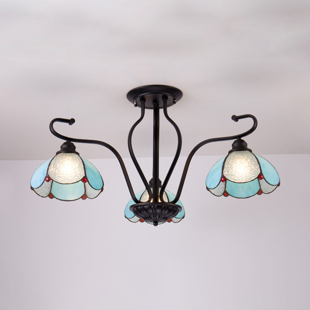 Scalloped Tiffany Stained Glass Semi Flush Light with 3 Heads in Clear/Blue