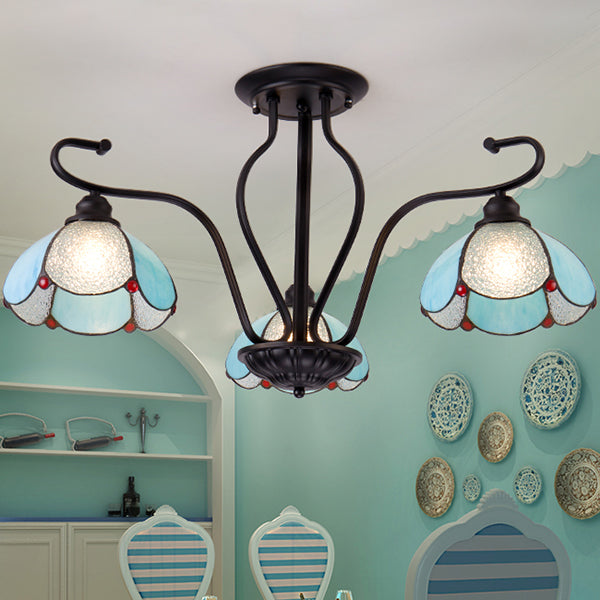 Scalloped Tiffany Stained Glass Semi Flush Light With 3 Heads In Clear/Blue Blue