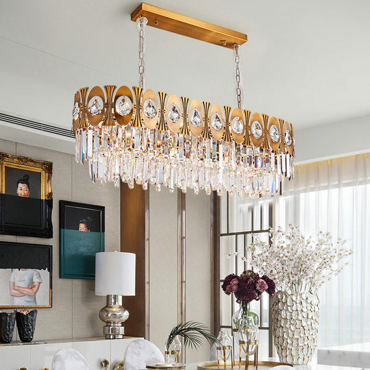 Modern Gold Crystal Rod Island Pendant Light - 10 Heads Oval Suspension Design