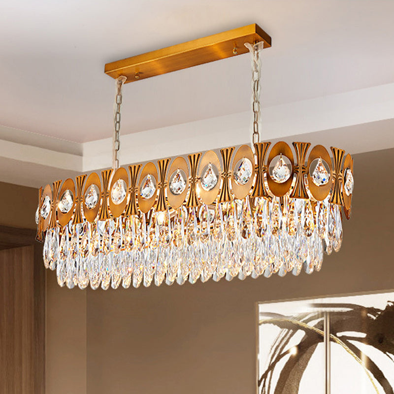 Modern Gold Crystal Rod Island Pendant Light - 10 Heads Oval Suspension Design