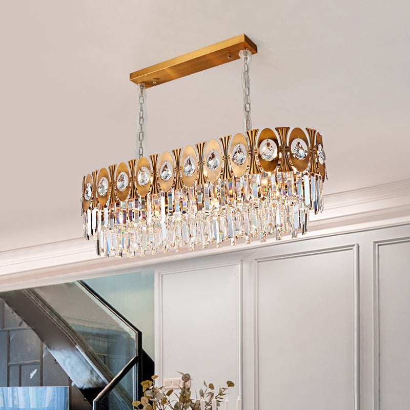 Modern Gold Crystal Rod Island Pendant Light - 10 Heads Oval Suspension Design