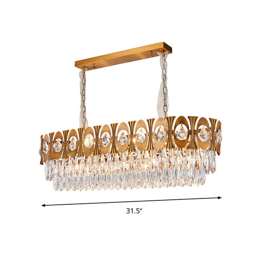 Modern Gold Crystal Rod Island Pendant Light - 10 Heads Oval Suspension Design