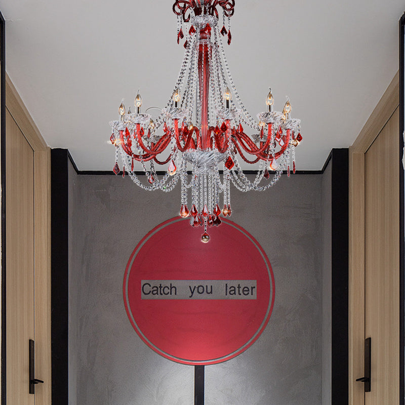 Modern Crystal Candle Chandelier Light Fixture With 12 Red Bulbs - Perfect For Balcony Ceiling