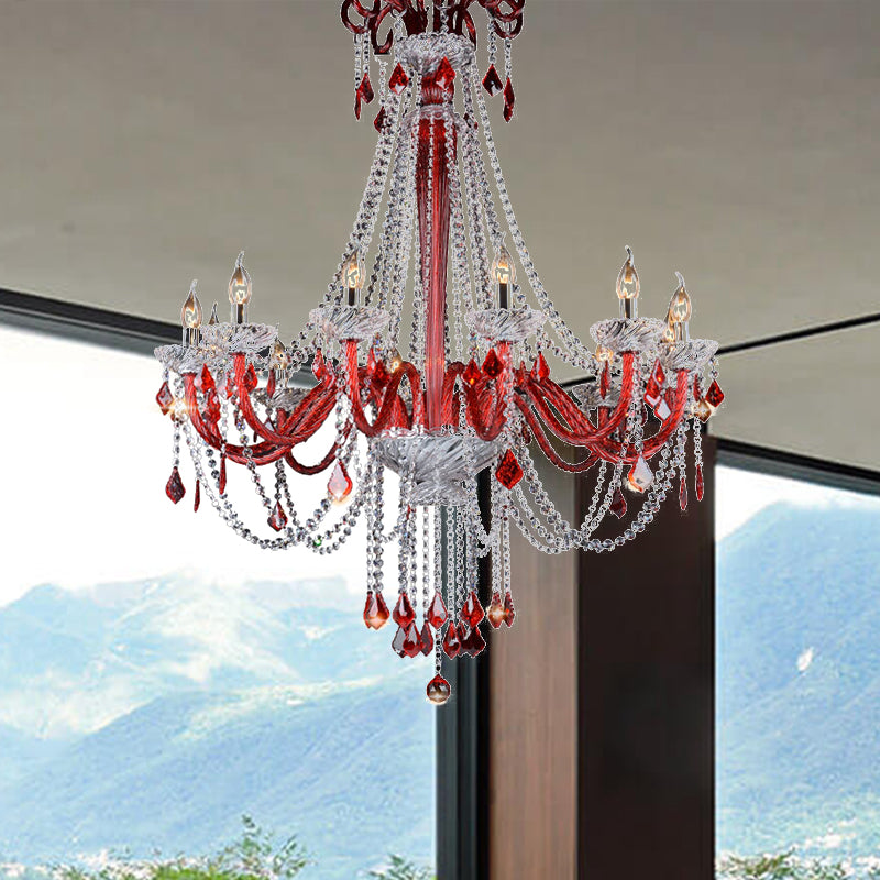 Lustre moderne en cristal K9 - Plafonnier rouge avec 12 ampoules pour balcon