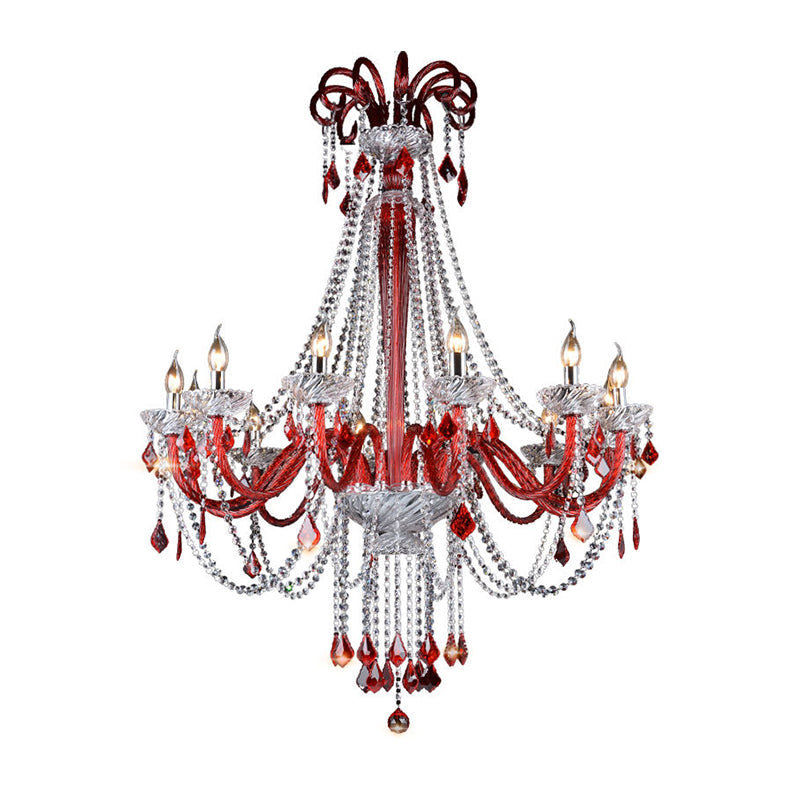 Lustre moderne en cristal K9 - Plafonnier rouge avec 12 ampoules pour balcon