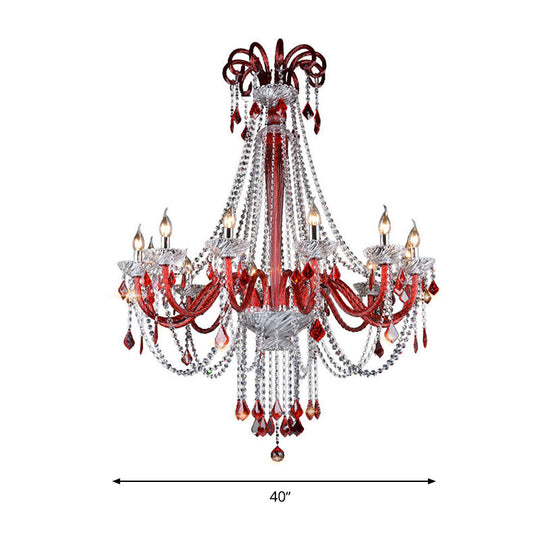 Lustre moderne en cristal K9 - Plafonnier rouge avec 12 ampoules pour balcon