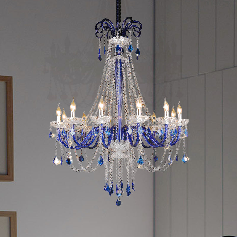 Lustre moderne en cristal bleu avec bougie | Plafonnier suspendu à 12 lumières pour balcon