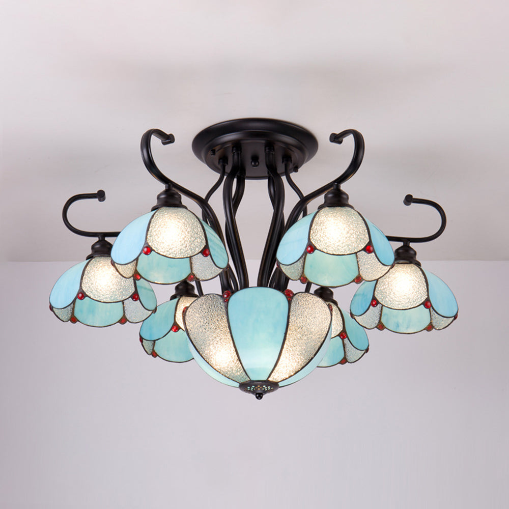 Blue/Clear Tiffany Style Scalloped Ceiling Light - Multi-Light Semi Flush