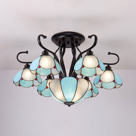 Blue/Clear Tiffany Style Scalloped Ceiling Light - Multi-Light Semi Flush