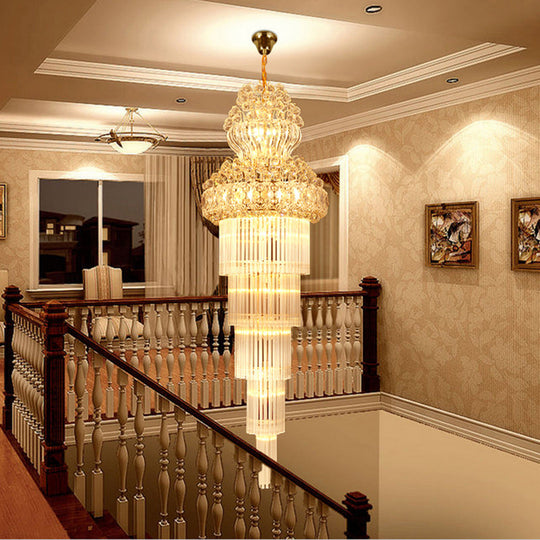 12 Heads Stairway Chandelier Pendant Light with Crystal Rod Gold Suspension Lamp