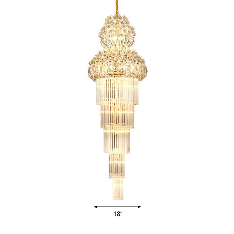 12 Heads Stairway Chandelier Pendant Light with Crystal Rod Gold Suspension Lamp