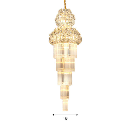 Gold Crystal Rod Stairway Chandelier Pendant Light - 12 Heads Suspension Lamp