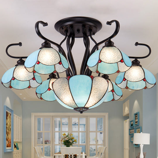 Blue/Clear Tiffany Style Scalloped Ceiling Light - Multi-Light Semi Flush