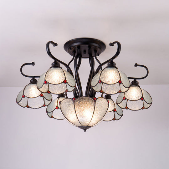 Blue/Clear Tiffany Style Scalloped Ceiling Light - Multi-Light Semi Flush