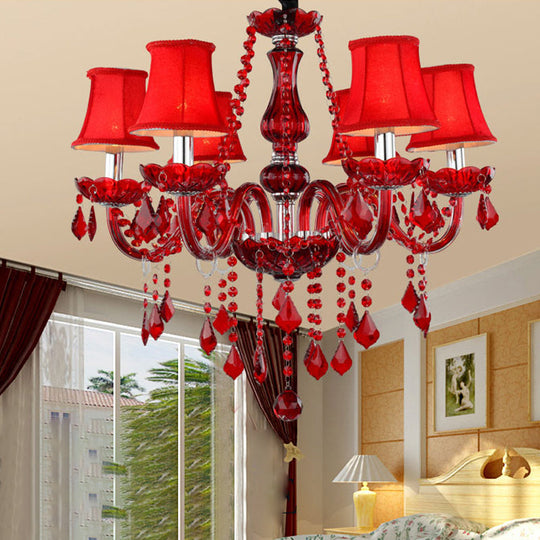 Lustre évasé moderniste rouge : cristal K9, 6 ampoules, suspension de salon