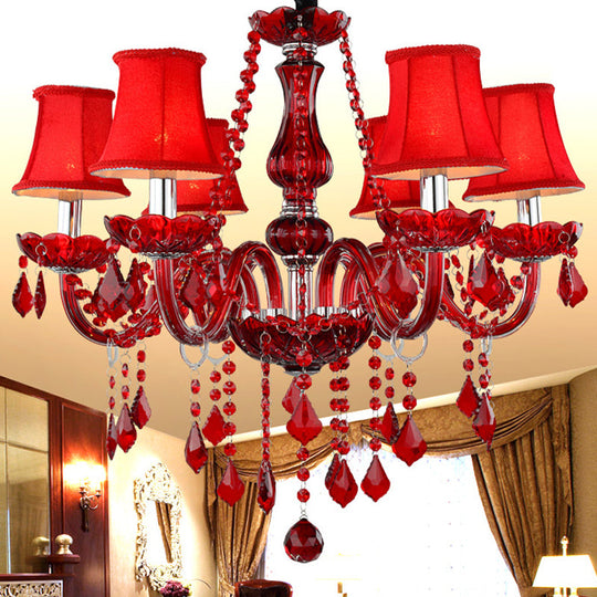 Lustre évasé moderniste rouge : cristal K9, 6 ampoules, suspension de salon