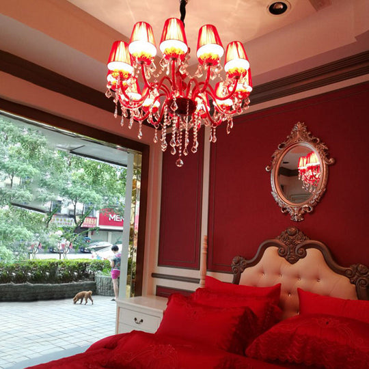 Lustre évasé moderniste rouge : cristal K9, 6 ampoules, suspension de salon