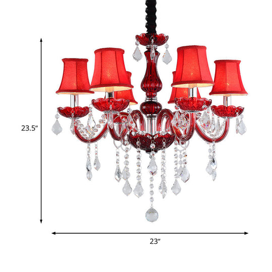 Lustre évasé moderniste rouge : cristal K9, 6 ampoules, suspension de salon