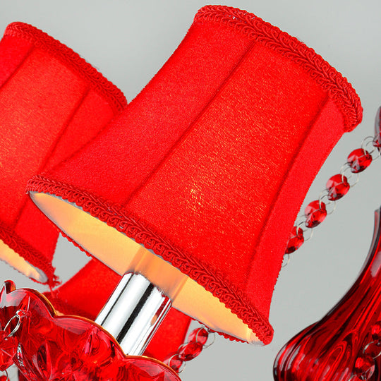 Lustre évasé moderniste rouge : cristal K9, 6 ampoules, suspension de salon