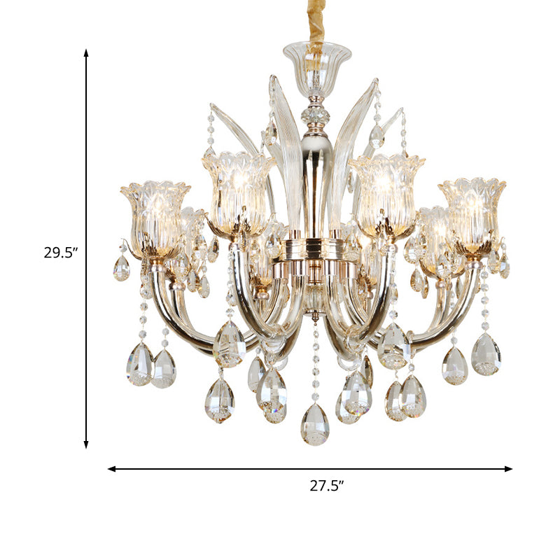 Lustre suspendu ambré avec abat-jour en verre transparent floral - Luminaire de salon moderne, 6/8 ampoules, largeur 23,5"/27,5"