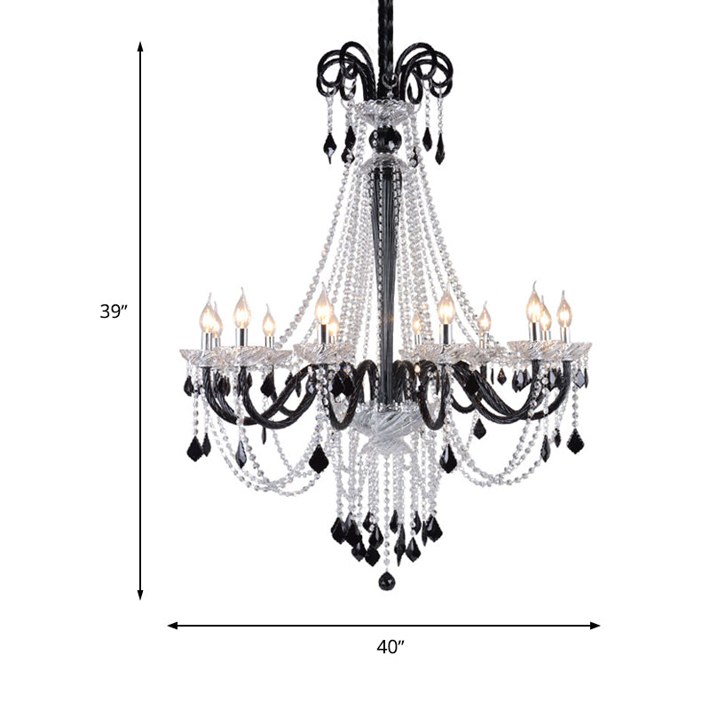 Modern Crystal Pendant Chandelier: 10/12 Heads Black 33/40 Wide