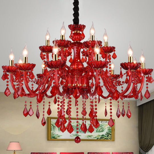 Modern Crystal Chandelier Pendant Light With Red Shade - 6/18 Lights 23.5/37.5 Wide