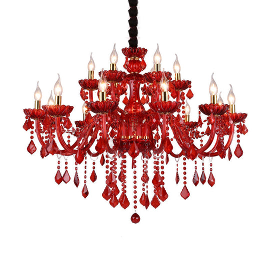 Modern Crystal Chandelier Pendant Light With Red Shade - 6/18 Lights 23.5/37.5 Wide