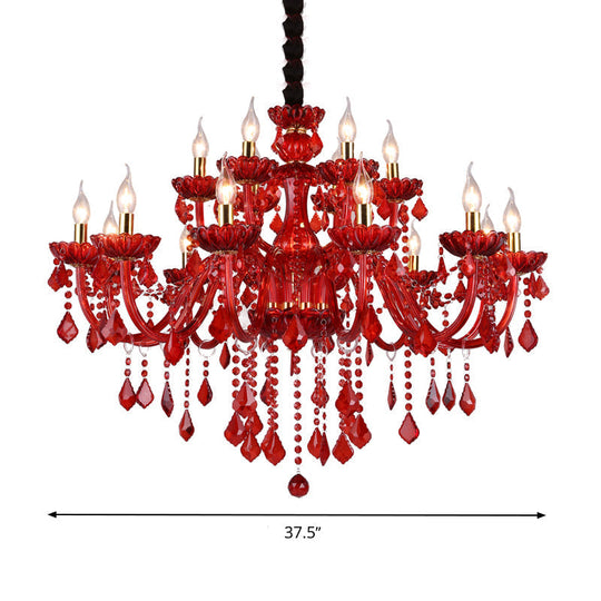 Modern Crystal Chandelier Pendant Light With Red Shade - 6/18 Lights 23.5/37.5 Wide