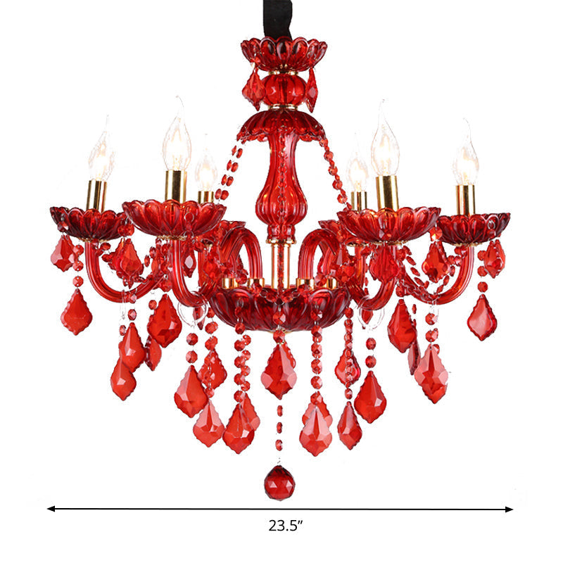 Modern Crystal Chandelier Pendant Light With Red Shade - 6/18 Lights 23.5/37.5 Wide