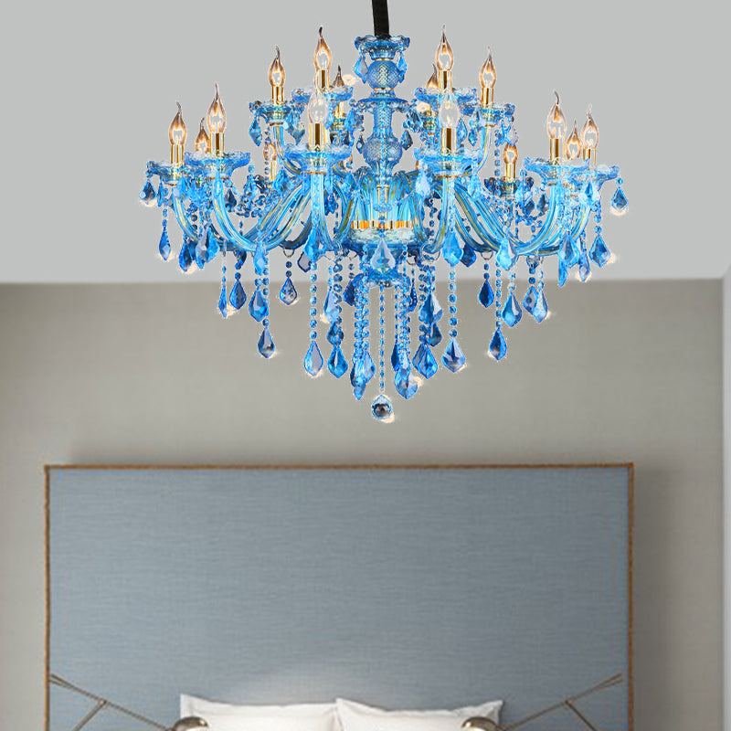 Modern Blue Glass Crystal Chandelier Light With Beveled Pendant - 8/18 Heads Shade/Shadeless Options