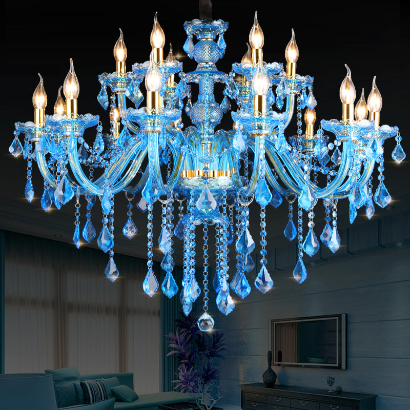 Modern Blue Glass Crystal Chandelier Light With Beveled Pendant - 8/18 Heads Shade/Shadeless Options