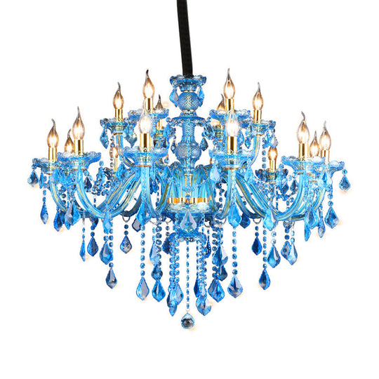 Modern Blue Glass Crystal Chandelier Light With Beveled Pendant - 8/18 Heads Shade/Shadeless Options