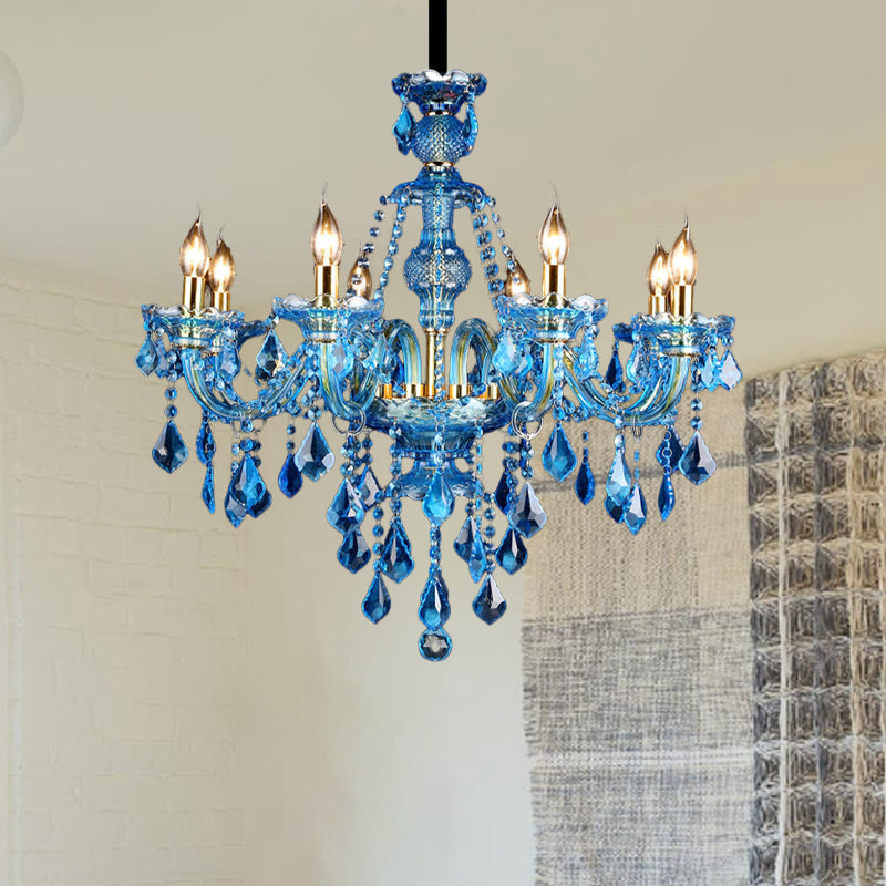 Modern Blue Glass Crystal Chandelier Light With Beveled Pendant - 8/18 Heads Shade/Shadeless Options