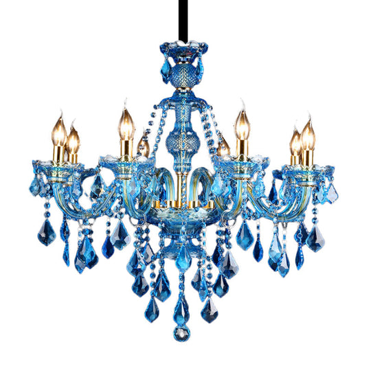 Modern Blue Glass Crystal Chandelier Light With Beveled Pendant - 8/18 Heads Shade/Shadeless Options