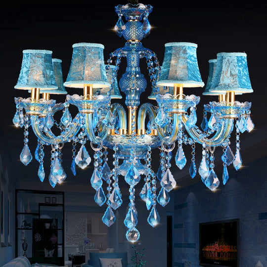 Modern Blue Glass Crystal Chandelier Light With Beveled Pendant - 8/18 Heads Shade/Shadeless Options