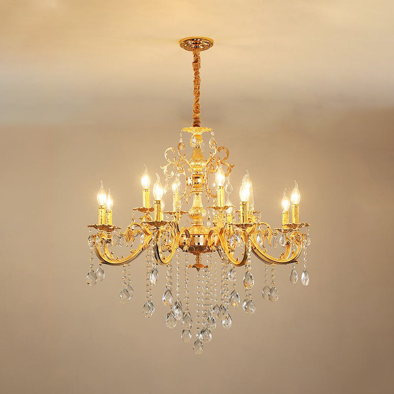 Modern Metal Candle Chandelier: 8/10/12 Light Brass Pendant With Crystal Draping