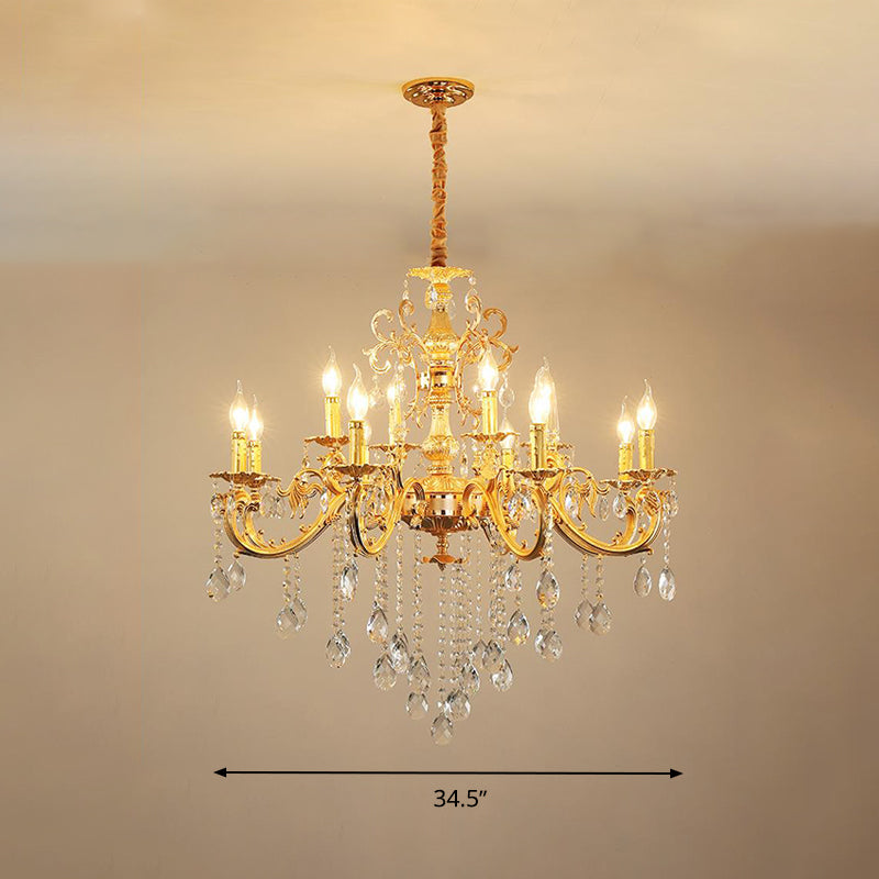 Modern Metal Candle Chandelier: 8/10/12 Light Brass Pendant With Crystal Draping