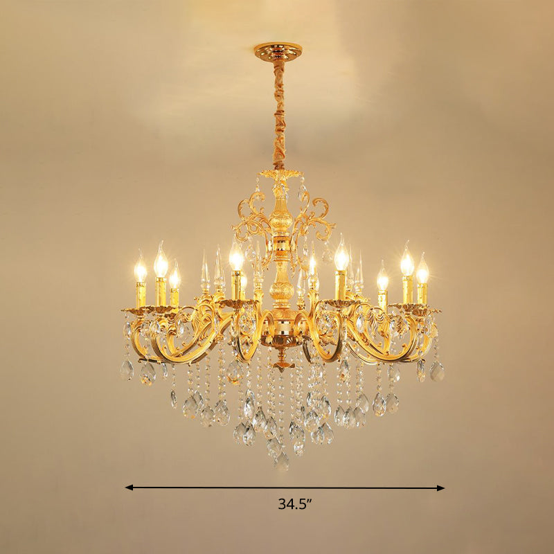 Modern Metal Candle Chandelier: 8/10/12 Light Brass Pendant With Crystal Draping