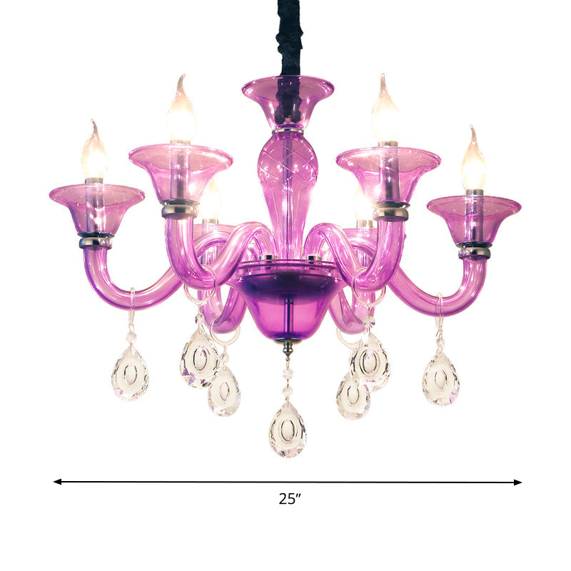 Modern Hanging Chandelier With Clear Crystal Glass 6 Bulbs - Purple Pendant Ceiling Light