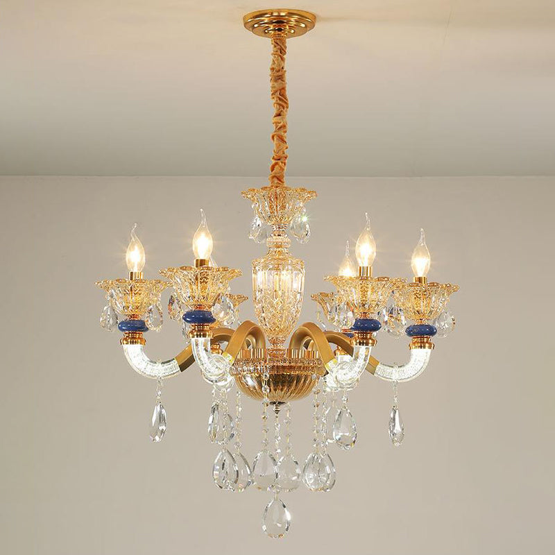 Traditional Metal Candelabra Chandelier - 6 Heads Brass Suspension Pendant With Amber Crystal Accent