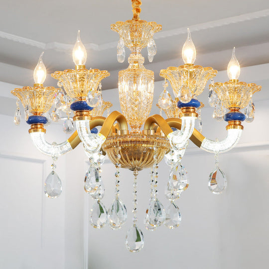 Traditional Metal Candelabra Chandelier - 6 Heads Brass Suspension Pendant With Amber Crystal Accent